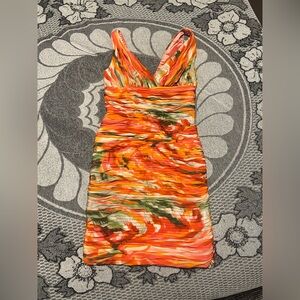 Monique Lhuillier Orange, Green & Cream Ruched V-Neck Dress